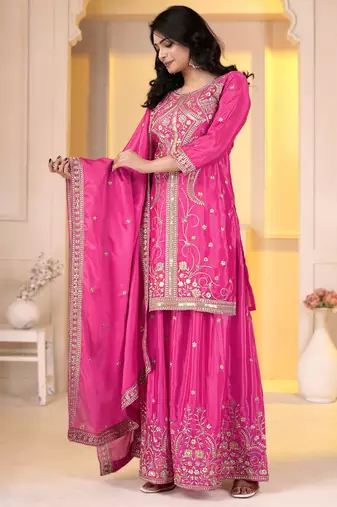 Pink chinon silk party embroidery wear sharara suit set
