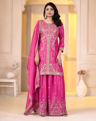 Pink chinon silk party embroidery wear sharara suit set 3