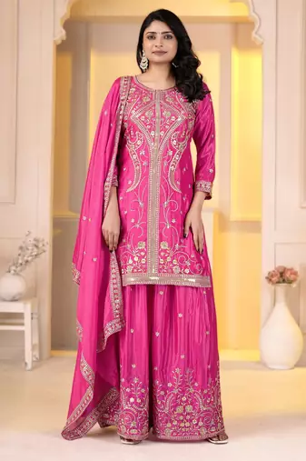 Pink chinon silk party embroidery wear sharara suit set