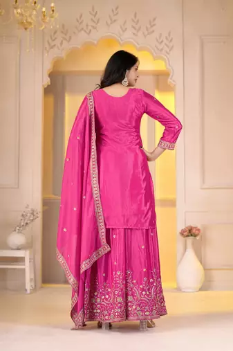 Pink chinon silk party embroidery wear sharara suit set