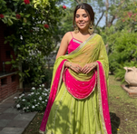 Women’s Flared Lehenga Set With Rani Pink Embroidered Top & Dupatta