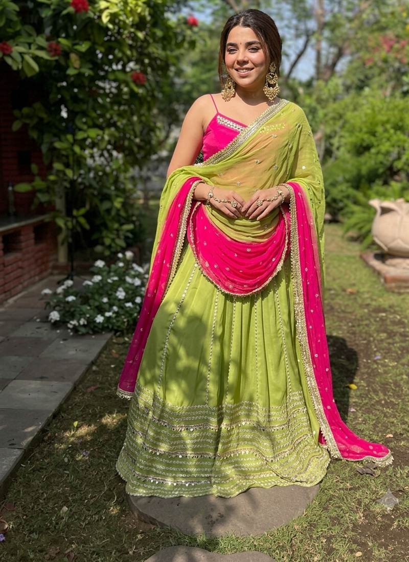 Women’s Flared Lehenga Set With Rani Pink Embroidered Top & Dupatta
