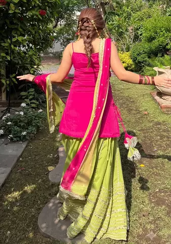 Women   s Flared Lehenga Set With Rani Pink Embroidered Top & Dupatta