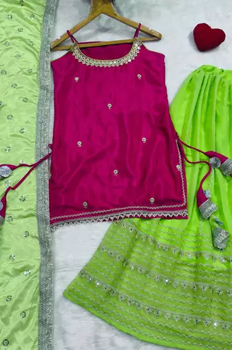 Women   s Flared Lehenga Set With Rani Pink Embroidered Top & Dupatta