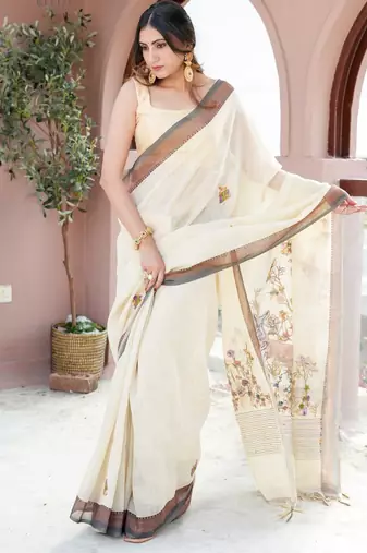 Kanchana- Linen Handwoven Saree with hand embroidery Saree