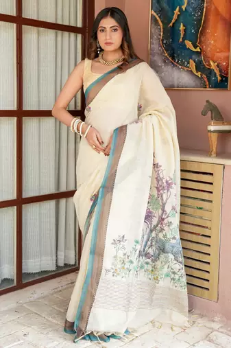 Mayuri- Linen Handwoven Saree with hand embroidery