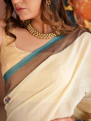 Mayuri- Linen Handwoven Saree with hand embroidery 3