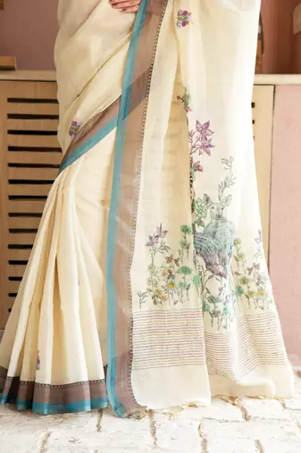 Mayuri- Linen Handwoven Saree with hand embroidery