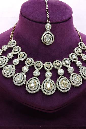 Gold yellow gold premium designer american diamond and stone work necklace set