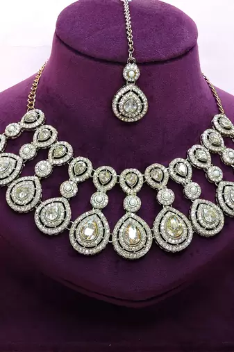Gold yellow gold premium designer american diamond and stone work necklace set