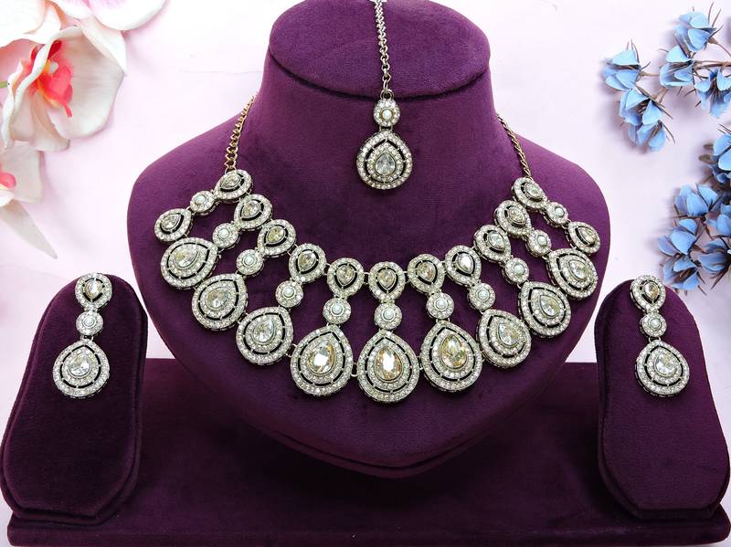 Gold yellow gold premium designer american diamond and stone work necklace set