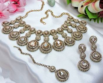 Gold yellow gold premium designer american diamond and stone work necklace set 2