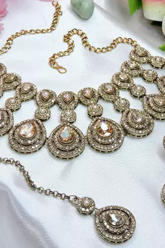 Gold yellow gold premium designer american diamond and stone work necklace set