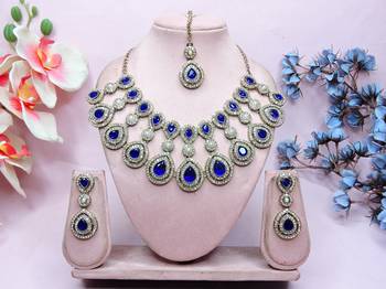Blue yellow gold premium designer american diamond and stone work necklace set 1