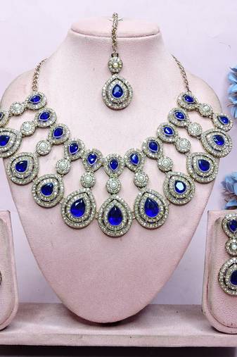 Blue yellow gold premium designer american diamond and stone work necklace set
