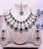 Blue yellow gold premium designer american diamond and stone work necklace set