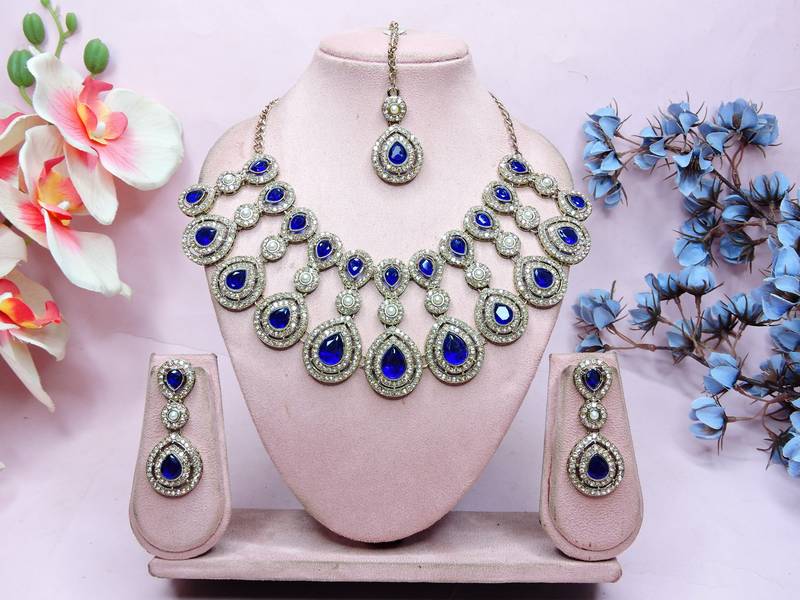 Blue yellow gold premium designer american diamond and stone work necklace set