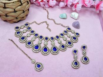 Blue yellow gold premium designer american diamond and stone work necklace set 2