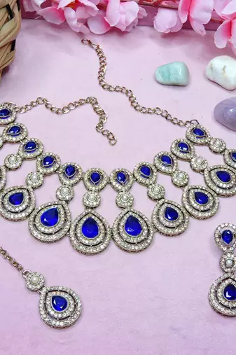 Blue yellow gold premium designer american diamond and stone work necklace set