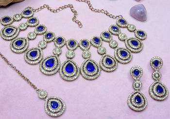 Blue yellow gold premium designer american diamond and stone work necklace set 3