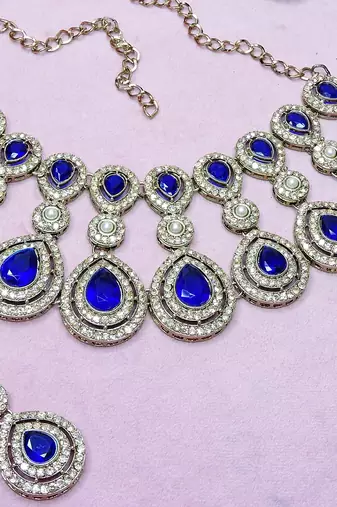 Blue yellow gold premium designer american diamond and stone work necklace set