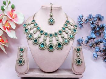 Green yellow gold premium designer american diamond and stone work necklace set 1