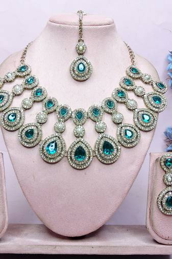 Green yellow gold premium designer american diamond and stone work necklace set