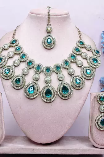 Green yellow gold premium designer american diamond and stone work necklace set