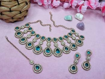Green yellow gold premium designer american diamond and stone work necklace set 2