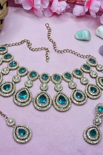 Green yellow gold premium designer american diamond and stone work necklace set