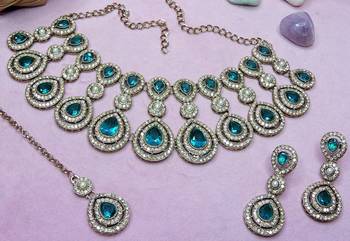 Green yellow gold premium designer american diamond and stone work necklace set 3