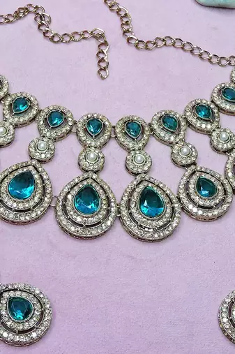 Green yellow gold premium designer american diamond and stone work necklace set