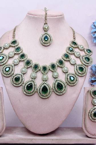 Green yellow gold premium designer american diamond and stone work necklace set