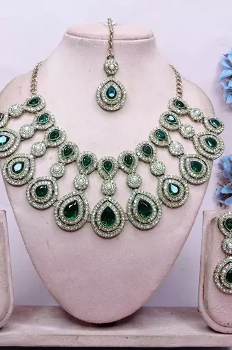 Green yellow gold premium designer american diamond and stone work necklace set
