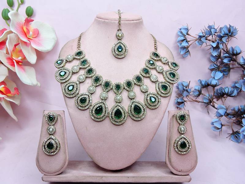 Green yellow gold premium designer american diamond and stone work necklace set