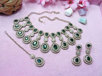 Green yellow gold premium designer american diamond and stone work necklace set 2