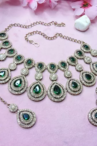 Green yellow gold premium designer american diamond and stone work necklace set