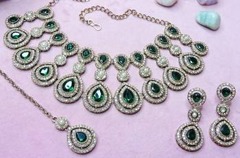 Green yellow gold premium designer american diamond and stone work necklace set 3