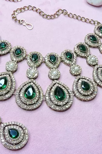Green yellow gold premium designer american diamond and stone work necklace set