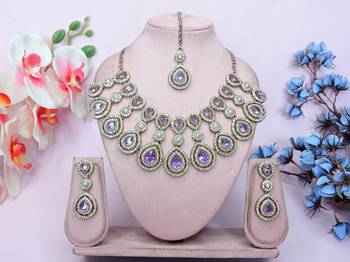 Purple yellow gold premium designer american diamond and stone work necklace set 1