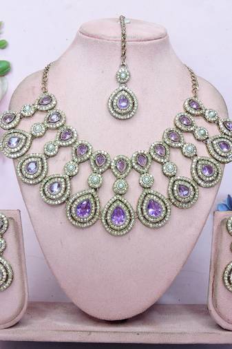 Purple yellow gold premium designer american diamond and stone work necklace set