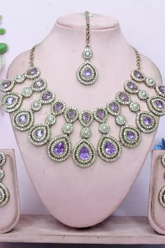 Purple yellow gold premium designer american diamond and stone work necklace set