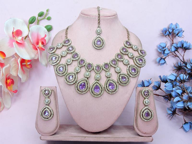Purple yellow gold premium designer american diamond and stone work necklace set