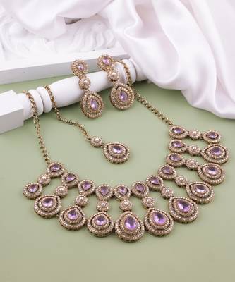Purple yellow gold premium designer american diamond and stone work necklace set 2