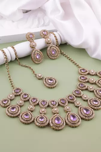 Purple yellow gold premium designer american diamond and stone work necklace set