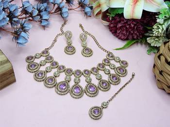 Purple yellow gold premium designer american diamond and stone work necklace set 3