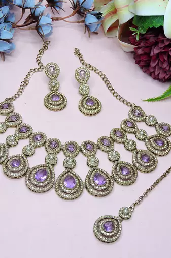 Purple yellow gold premium designer american diamond and stone work necklace set