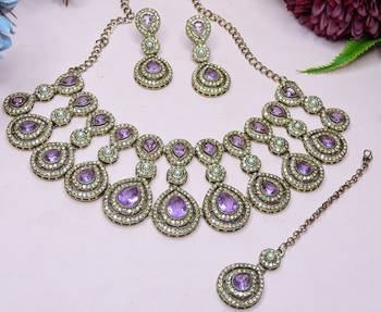 Purple yellow gold premium designer american diamond and stone work necklace set 4