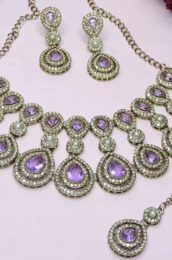 Purple yellow gold premium designer american diamond and stone work necklace set
