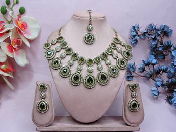 Green yellow gold premium designer american diamond and stone work necklace set 1